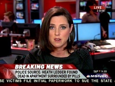 Hazlett reporting news via MSNBC regarding Health Ledger's death in his apartment